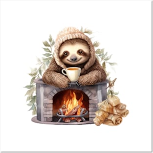 Christmas Sloth Drinking Coffee At Fireplace Posters and Art